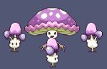  commentary creature dancing full_body gen_7_pokemon grey_background jumping looking_at_viewer lowres morelull mushroom no_humans paul_robertson pixel_art pokemon pokemon_(creature) shiinotic simple_background smile symbol_commentary walking 