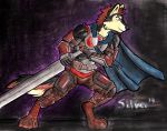  anthro armor canid canine canis cloack fantasy ferak greatsword knight magic magic_user male mammal silverferak solo warrior wolf 