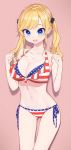  1girl alternate_costume alternate_hairstyle american_flag_bikini bangs bare_arms bare_shoulders bikini blonde_hair blue_eyes blush breasts cleavage collarbone commentary_request cowboy_shot flag_print hair_ornament halter_top halterneck highres idolmaster idolmaster_cinderella_girls jewelry large_breasts long_arms long_hair navel necklace ootsuki_yui open_mouth side-tie_bikini simple_background smile solo standing stomach swimsuit swimwear tase_kazuki twintails 