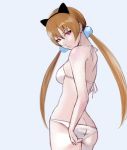  1girl 6maker absurdres alisa_southerncross animal_ears ass back bikini breasts brown_hair butt_crack cat_ears earrings fake_animal_ears flat_ass from_behind grey_background hair_bobbles hair_ornament highres jewelry keroro_gunsou long_hair looking_at_viewer looking_back low_twintails orange_hair pink_eyes small_breasts solo standing swimsuit twintails white_bikini 