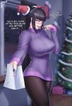  1girl absurdres black_hair black_nails breasts capcom christmas christmas_tree diskette0 drill_hair english_text han_juri hat highres large_breasts letter pantyhose purple_eyes purple_sweater ribbed_sweater santa_hat signature street_fighter street_fighter_iv_(series) sweater thighs tsundere turtleneck turtleneck_sweater twin_drills winter winter_clothes 
