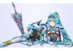  1girl bangs breasts chest_jewel earrings full_body gloves green_eyes green_hair grey_background high_heels highres jewelry large_breasts long_hair long_ponytail looking_at_viewer lying on_side pneuma_(xenoblade) ponytail sarasadou_dan smile solo swept_bangs sword tiara very_long_hair weapon xenoblade_chronicles_(series) xenoblade_chronicles_2 