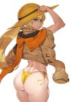  1girl ashiomi_masato ass bangs bikini bikini_bottom bikini_day blonde_hair blue_eyes eyebrows_visible_through_hair guilty_gear guilty_gear_strive hat jacket jacket_over_shoulder millia_rage shade shaded_face shadow simple_background solo straw_hat swimsuit thighs white_background wide_hips 