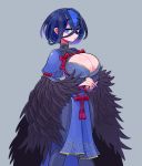  1girl black_feathers blue_dress blue_hair blue_legwear breasts cleavage cleavage_cutout clothing_cutout dress eyebrows_visible_through_hair feathers grey_background hair_between_eyes half-closed_eyes hands_together highres iccoco juliet_sleeves large_breasts long_sleeves multicolored_hair original puffy_sleeves red_rope rope short_hair simple_background solo two-tone_hair 