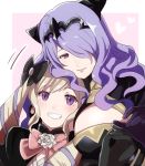  2girls black_bow black_gloves blonde_hair border bow breast_press breasts camilla_(fire_emblem) elise_(fire_emblem) fire_emblem fire_emblem_fates gloves grin hair_bow hair_over_one_eye heart highlights large_breasts long_hair looking_at_viewer multicolored_hair multiple_girls outside_border pink_background purple_eyes purple_gloves purple_hair red_eyes rem_sora410 shiny shiny_hair siblings sisters smile twintails upper_body white_border 
