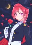  1girl absurdres bangs black_headwear black_jacket blush crescent_moon crossdressing flower gloves hair_between_eyes hat highres holding holding_flower jacket kobayashi_nyoromichi long_sleeves looking_at_viewer love_live! love_live!_school_idol_project moon night nishikino_maki open_clothes open_jacket outdoors parted_lips purple_eyes red_flower red_hair red_rose rose shiny shiny_hair shirt short_hair sky solo star_(sky) starry_sky tied_hair upper_body white_gloves white_neckwear white_shirt 