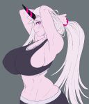  1girl abyssal_ship arms_behind_head blush breasts colored_skin curvy grey_background highres horns huge_breasts jacket kantai_collection long_hair magenta pink_eyes plump ponytail scrunchie seaport_princess sports_bra thighs upper_body white_hair white_skin 