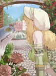  1girl architecture blonde_hair bonnet brick camouflage camouflage_scarf closed_mouth cloud commentary_request crop_top day detached_sleeves flower flower_in_mouth fountain garden grass green_shirt green_sleeves leaning_forward medium_hair outdoors pink_flower ragnarok_online ranger_(ragnarok_online) red_flower rose shirt sky solo stone_walkway susukinohukurou upper_body water white_headwear wolf yellow_flower 