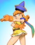  1990s_(style) 1girl alena_(dq4) ass breasts cape commentary_request curly_hair dragon_quest dragon_quest_iv dress gloves graphite_(medium) hat long_hair looking_at_viewer millipen_(medium) no_panties onnaski open_mouth orange_hair photoshop_(medium) simple_background skirt solo traditional_media yellow_skirt 