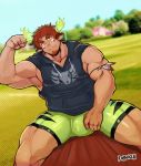  1boy animal_ears bangs bara biceps blurry blurry_background blush brown_eyes brown_hair bulge cow_ears dark_skin dark_skinned_male facial_hair field flexing forked_eyebrows glowing_horns goatee green_shorts grey_shirt highres hooded_shirt horns looking_at_viewer male_focus muscle navel pectorals pose robokeh shirt short_hair shorts sitting sleeveless sleeveless_shirt solo spread_legs thick_eyebrows thick_thighs thighs tight tokyo_houkago_summoners wakan_tanka 