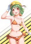  1girl absurdres arm_up ass_visible_through_thighs bow bra breasts character_request collarbone cowboy_shot gloves gradient gradient_background green_hair highres kobayashi_nyoromichi looking_at_viewer micro_shorts navel orange_bow orange_bra orange_shorts shiny shiny_hair short_hair shorts sideboob small_breasts solo standing striped striped_background thigh_gap underboob underwear white_gloves yellow_headwear 