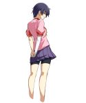  1girl :d arms_behind_back bakemonogatari bandaged_arm bandages bangs bike_shorts black_hair black_shorts breasts brown_eyes commentary cropped_legs english_commentary feet_out_of_frame from_behind grin highres juliet_sleeves kanbaru_suruga long_sleeves looking_at_viewer looking_back miniskirt monogatari_(series) naoetsu_high_school_uniform neck_ribbon open_mouth pink_shirt pleated_skirt puffy_sleeves purple_skirt ribbon school_uniform shirt short_hair short_sleeves shorts shorts_under_skirt simple_background skirt small_breasts smile solo standing sumairuzu thigh_gap tomboy very_short_hair white_background yellow_neckwear yellow_ribbon 
