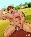  1boy abs american_football animal_ears bangs bara biceps blurry blurry_background blush brown_eyes brown_hair brown_male_underwear bulge cow_ears dark_skin dark_skinned_male facial_hair field flexing forked_eyebrows glowing_horns goatee highres horns jockstrap looking_at_viewer male_focus muscle navel nipples pectorals penis_peek pose robokeh short_hair sitting solo spread_legs thick_eyebrows thick_thighs thighs tokyo_houkago_summoners underwear underwear_only wakan_tanka 