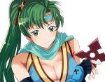  1girl blue_gloves blue_headband blue_scarf breasts cleavage closed_mouth elbow_gloves fingerless_gloves fire_emblem fire_emblem:_the_blazing_blade gloves green_eyes green_hair hair_intakes headband holding holding_weapon large_breasts long_hair lyn_(fire_emblem) ponytail rem_sora410 scarf shiny shiny_hair simple_background smile solo upper_body very_long_hair weapon white_background 