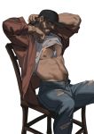  1boy abs bara bare_pecs beard black_headwear body_hair brown_hair bulge chest_hair cigarette denim earrings facial_hair highres horikwawataru jacket jeans jewelry male_focus muscle navel navel_hair necklace nipples on_chair open_clothes open_jacket open_pants original pants pectorals red_jacket shirt short_hair solo stomach torn_clothes torn_pants undressing watch white_background white_shirt wristwatch 