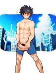  1boy black_hair blue_shorts blush cityscape cum ejaculation erection feet_out_of_frame highres kamijou_touma looking_at_viewer male_focus male_pubic_hair nipples penis projectile_cum pubic_hair robokeh shiny shiny_hair shirtless short_hair shorts spiked_hair testicles to_aru_majutsu_no_index toned toned_male uncensored 