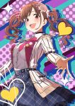  1girl :d belt bow brown_hair chain commentary_request epaulettes flower hair_bow hair_flower hair_ornament hair_scrunchie heart highres idolmaster idolmaster_shiny_colors jacket kagari_leroy long_hair looking_at_viewer open_mouth outstretched_arms plaid plaid_skirt polka_dot polka_dot_background reaching_out red_eyes scrunchie skirt smile solo sonoda_chiyoko spread_arms twintails vertical-striped_jacket white_jacket 