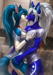  2020 anthro anthro_on_anthro blue_body blue_eyes blue_fur blue_hair bottomless breast_grab breasts canid canine canis clothed clothing collar digital_media_(artwork) domestic_dog duo elvofirida eyebrows eyelashes female female/female fox french_kissing fur hair hand_on_breast hand_on_butt happysheppy hi_res inside kissing mammal multicolored_body multicolored_fur ponytail shower translucent translucent_clothing two_tone_body two_tone_fur wet wet_clothing white_hair yellow_eyes 
