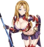  1girl armor armored_boots bangs belt bikini_armor blonde_hair blue_eyes blush boots bra breasts brown_belt cleavage collarbone commentary cowboy_shot ekasya eyebrows_visible_through_hair garter_straps gauntlets granblue_fantasy grin groin hair_down hair_intakes hand_on_hip highres holding holding_spear holding_weapon large_breasts leaning_forward long_hair looking_at_viewer midriff miniskirt navel one_eye_closed panties parted_bangs polearm purple_bra purple_panties purple_skirt purple_sleeves red_armor shrug_(clothing) sidelocks simple_background skirt smile solo spear standing torn_bra torn_clothes torn_skirt torn_sleeves underwear weapon white_background zeta_(granblue_fantasy) 