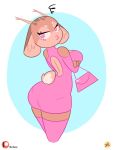  3:4 anthro bimbo_deer bimbofication breasts butt cervid clothing dress female furboz handbag holding_breast legwear looking_at_viewer looking_back mammal simple_background solo stockings 