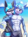  abs anthro band-aid bandage beach blush bodily_fluids canid canine clothed clothing duo grope hald_(manadezimon) hi_res male male/male mammal manadezimon muscular muscular_male pecs sea seaside sweat tongue tongue_out topless v-cut water wet 