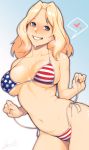  1girl american_flag_bikini bikini blonde_hair blue_eyes blush breasts dyun ear_piercing flag_print girls_und_panzer gradient gradient_background grin heart highres kay_(girls_und_panzer) large_breasts long_hair piercing side-tie_bikini signature simple_background smile solo spoken_heart sweat swimsuit untied untied_bikini 