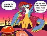  aloha_shirt anthro avian beach bikini bikini_top bird breasts burger clothing dialogue english_text fast_food female food food_on_breasts macaw neotropical_parrot non-mammal_breasts parrot pattern_clothing pattern_shirt pattern_topwear perpleon seaside shirt solo sport sunset swimwear tess_foster_(ollythefoxcoon) text topwear true_parrot volleyball 
