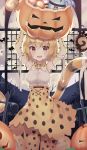  1girl absurdres arms_up blush brown_eyes elbow_gloves eyebrows_visible_through_hair food gloves halloween highres jack-o&#039;-lantern japari_bun japari_symbol kemono_friends kemono_friends_3 looking_at_viewer lucky_beast_(kemono_friends) open_mouth orange_hair orange_skirt serval_(kemono_friends) serval_girl serval_tail short_hair skirt smile solo tail yongyong_(yongyong7578) 