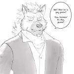  1:1 after2 anthro blazer bust_portrait canid canine canis clothing english_text facial_hair goatee hi_res male mammal portrait scar solo stated_heterosexuality stated_sexuality suit text wolf 
