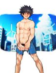  1boy black_hair blue_shorts blush cityscape cum cum_on_body cum_on_clothes erection feet_out_of_frame highres kamijou_touma looking_at_viewer male_focus male_pubic_hair open_mouth penis pubic_hair robokeh shiny shiny_hair shirtless short_hair shorts spiked_hair testicles to_aru_majutsu_no_index toned toned_male uncensored 