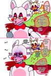  2016 animatronic annoyed anthro bow_tie canid canine closed_smile dialogue dipstick_tail duo e-c98 english_text five_nights_at_freddy&#039;s five_nights_at_freddy&#039;s_2 five_nights_at_freddy&#039;s_world fox frown girly hi_res hook_hand lipstick lolbit_(fnaf) machine makeup male mammal mangle_(fnaf) multicolored_body multicolored_tail open_mouth open_smile plant purple_cheeks red_cheeks robot shrub smile speech_bubble text thought_bubble video_games white_body white_eyes yellow_eyes 