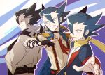  3boys artist_name bangs black_hair blue_hair choker coin commentary_request eyebrows_visible_through_hair gloves grey_hair grimsley_(pokemon) highres holding holding_coin jacket long_sleeves male_focus momoji_(lobolobo2010) multicolored_hair multiple_boys multiple_persona necktie outstretched_arm partially_fingerless_gloves pokemon pokemon_(game) pokemon_bw pokemon_masters_ex pokemon_sm red_neckwear sash scarf shiny shiny_hair shirt sleeves_rolled_up smile suspenders two-tone_hair yellow_scarf 