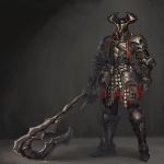  armored_boots black_armor black_background boots chainmail helmet highres horns knee_boots leather_belt long_sword monster monster_strike paintale shoulder_armor sword weapon 