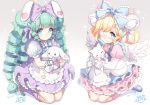  2girls animal animal_ears apron bangs bell blonde_hair blue_apron blue_bow blue_eyes blue_footwear bow bunny_ears cat closed_mouth commentary_request commission double_bun dress drill_hair eyebrows_visible_through_hair eyepatch frilled_apron frilled_bow frills gradient gradient_background green_footwear green_hair grey_background hair_bell hair_bow hair_ornament highres jingle_bell juliet_sleeves kneehighs loafers long_hair long_sleeves masaru.jp medical_eyepatch multiple_girls original parted_lips pink_dress pink_lips pleated_skirt puffy_short_sleeves puffy_sleeves purple_bow purple_legwear purple_skirt ribbon-trimmed_dress seiza shadow shirt shoes short_sleeves signature sitting skeb_commission skirt sleeves_past_fingers sleeves_past_wrists smile sparkle stuffed_animal stuffed_bunny stuffed_toy very_long_hair white_apron white_background white_cat white_shirt 
