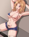  1girl american_flag_bikini armpits arms_behind_head arms_up bikini blonde_hair blue_eyes blue_shorts blurry breasts clyde_s commentary cutoffs denim denim_shorts english_commentary eyebrows_visible_through_hair flag_print girls_und_panzer hair_intakes kay_(girls_und_panzer) large_breasts long_hair micro_bikini micro_shorts navel one_eye_closed open_fly open_mouth shadow shorts sitting skindentation solo stomach_tattoo sweat swimsuit tattoo thighhighs white_legwear 
