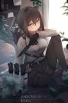  1girl absurdres animal_ears aoinu_(aoinu_99) arknights arm_on_knee arm_support black_gloves black_hair black_legwear black_shorts blurry book character_name chinese_commentary commentary_request copyright_name depth_of_field ear_piercing feet_out_of_frame gloves hair_between_eyes highres holding holding_knife holding_weapon knee_up knife lamp legwear_under_shorts looking_at_viewer low_ponytail pantyhose piercing plant ponytail raccoon_ears robin_(arknights) shirt shorts sitting solo thigh_strap tied_hair weapon white_shirt window yellow_eyes 