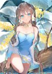  1girl aqua_eyes bare_shoulders blue_dress breasts brown_hair cleavage closed_mouth collarbone dress dress_lift expressionless flower hair_flower hair_ornament highres leaf long_hair looking_at_viewer miwano_ragu original sleeveless sleeveless_dress solo standing tree water 