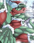  abs biceps christmas christmas_clothing christmas_headwear clothing gagagigo green_body green_skin guzu_kuo hat headgear headwear holidays konami lizard male muscular muscular_male muscular_thighs nude pecs reptile sack santa_hat scalie scarf sharp_teeth snowflake solo teeth yellow_eyes yu-gi-oh 