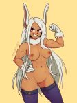 1girl abs animal_ears ass_visible_through_thighs biceps boku_no_hero_academia breasts bunny_ears commentary cowboy_shot dark_nipples dark_skin dark_skinned_female detached_collar english_commentary flexing forehead fur_collar gloves grin hand_on_hip highres long_hair medium_breasts mirko muscle muscular_female navel nipples nortuet nude pose purple_legwear pussy rabbit_girl red_eyes smile solo thick_thighs thighhighs thighs uncensored very_long_hair white_gloves white_hair 