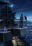  1boy black_cat black_hair black_pants cat cityscape crescent_moon glowing horizon moon night night_sky original pants short_hair short_sleeves signature sky solo stairs standing star_(sky) starry_sky takigraphic tree white_cat wide_shot 