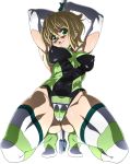  1girl akatsuki_kirika arms_up ass ass_visible_through_thighs blonde_hair breasts cameltoe full_body goridou green_eyes green_leotard impossible_clothes impossible_leotard leotard looking_at_viewer medium_breasts scythe senki_zesshou_symphogear shiny shiny_clothes shiny_hair shiny_skin short_hair simple_background skin_tight smile solo spread_legs striped striped_legwear thighs white_background 