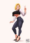  1girl 2020 absurdres android_18 artist_name black_footwear blonde_hair blue_eyes breasts commentary covered_nipples crop_top crop_top_overhang dragon_ball dragon_ball_z earrings english_commentary fingernails forehead from_side full_body grey_pants hair_between_eyes high_heels highres huge_breasts jewelry light_smile looking_at_viewer mature midriff no_bra pants porcoro short_hair solo standing stiletto_heels striped_sleeves thick_thighs thighs tight tight_pants twisted_torso v white_background yoga_pants 