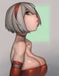  1girl alternate_costume bare_shoulders breasts choker christmas cleavage commentary english_commentary eyelashes from_side gloves green_background grey_background grey_eyes grey_hair hairband highres kelvin_hiu large_breasts lips looking_at_viewer nier_(series) nier_automata no_blindfold puckered_lips red_choker red_gloves red_hairband short_hair solo strapless two-tone_background yorha_no._2_type_b 