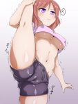  1girl annoyed breasts cameltoe covered_nipples frown highres holding_leg love_live! love_live!_school_idol_project meme midriff navel nishikino_maki purple_eyes red_hair short_shorts shorts speech_bubble split standing standing_on_one_leg standing_split tented_shirt trembling underboob uzumi_(uzumi_yosi) 