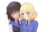  2girls andou_(girls_und_panzer) bangs bc_freedom_school_uniform black_dress black_hair blonde_hair blue_eyes blue_neckwear blue_sweater blush brown_eyes cardigan closed_mouth commentary_request dark_skin diagonal_stripes dress dress_shirt eyebrows_visible_through_hair girls_und_panzer hand_on_another&#039;s_shoulder korean_commentary light_frown long_sleeves looking_at_another medium_hair messy_hair multiple_girls necktie notice_lines open_mouth oshida_(girls_und_panzer) partial_commentary pinafore_dress school_uniform sesame_(sesame_mas) shirt simple_background smile striped striped_neckwear sweater sweater_around_neck white_background white_shirt wing_collar yuri 