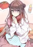  1girl blanket blush brown_hair double_bun hair_bun hands_together highres jacket kotatsu long_hair long_sleeves looking_at_viewer original pillow pink_eyes red_neckwear scarf sitting slippers solo table thought_bubble wattaro white_jacket 