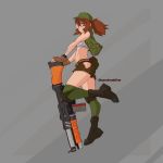  1girl abs assault_rifle boots brown_eyes brown_hair commentary eyebrows_visible_through_hair fio_germi glasses grenade_launcher gun hat jacket knee_pads metal_slug open_clothes open_jacket ponytail pose rifle sanchezisfine shorts simple_background smile snk twitter_username underbarrel_grenade_launcher weapon 