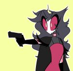  2020 angry anthro astrally avian bird black_body black_feathers black_hair choker clothing crown demon dress edit feathers female fluffy gun hair helluva_boss hi_res jewelry long_hair necklace octavia_(vivzmind) owl pointing_gun pupils ranged_weapon red_clothing red_dress red_eyes solo tiara weapon white_pupils 