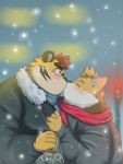  2020 anthro canid canine canis clothing domestic_dog duo eyes_closed felid humanoid_hands kemono kissing male male/male mammal noichi_53 outside pantherine scarf snow sweater tiger topwear 