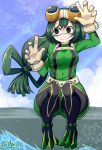  1girl arm_up artist_name asui_tsuyu bangs belt black_eyes black_footwear blue_sky bodysuit boku_no_hero_academia boots breasts closed_mouth cloud commentary covered_navel day eyebrows_visible_through_hair eyewear_on_head facepaint full_body gloves goggles green_bodysuit green_hair hand_up highres jpeg_artifacts knees_up long_hair looking_to_the_side low-tied_long_hair medium_breasts outdoors ryuusui_arumo shiny shiny_clothes shiny_hair signature sitting sky solo sunlight thigh_boots thighhighs tied_hair water white_gloves 
